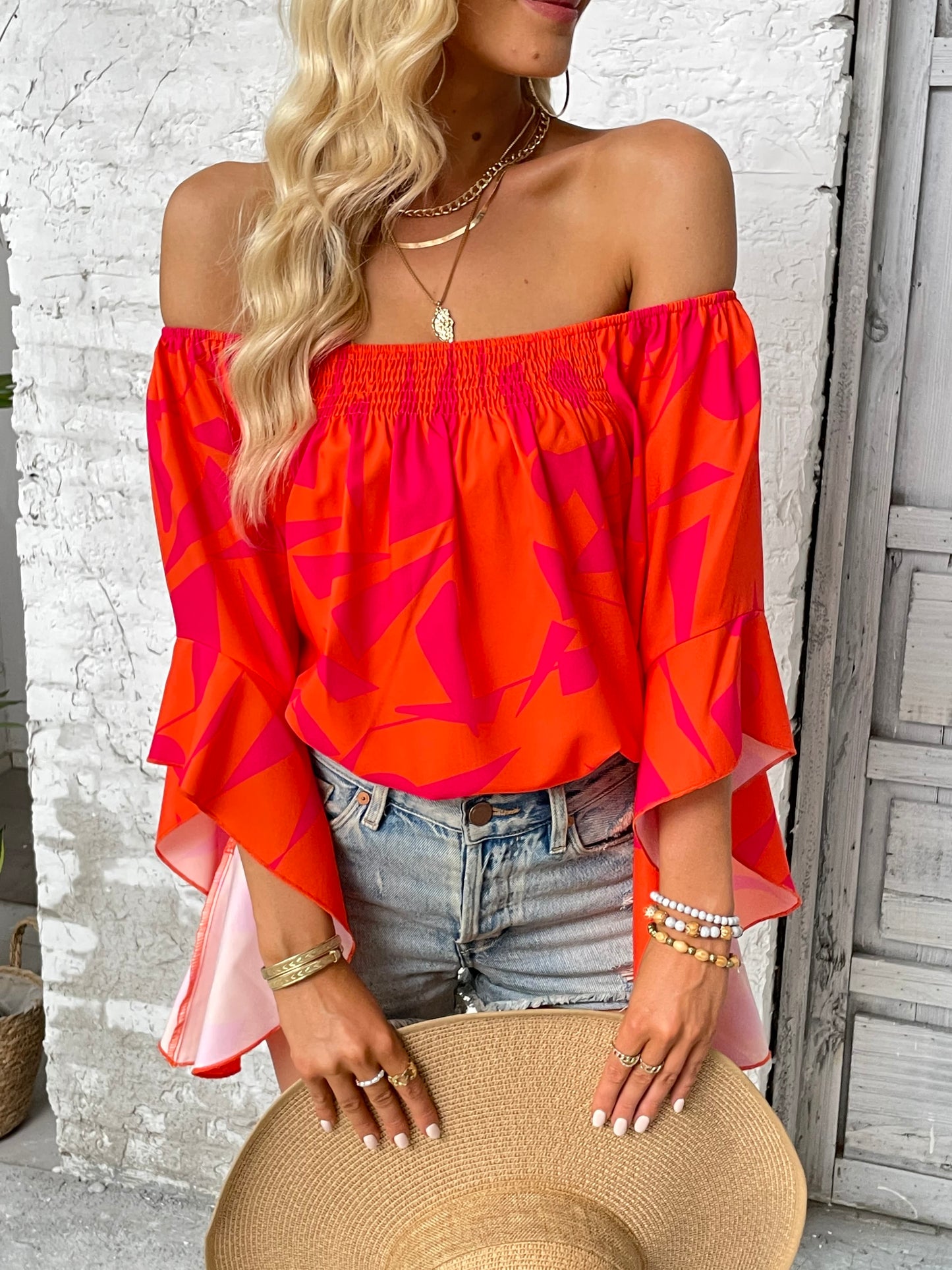 Bohemian Printed Off-Shoulder Bell Sleeve Blouse