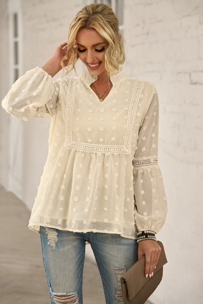 Boho Swiss Dot Frilled Notched Neck Blouse