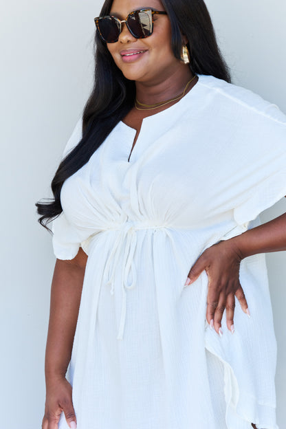 Out Of Time Boho Ruffle Hem Dress with Drawstring Waistband in White