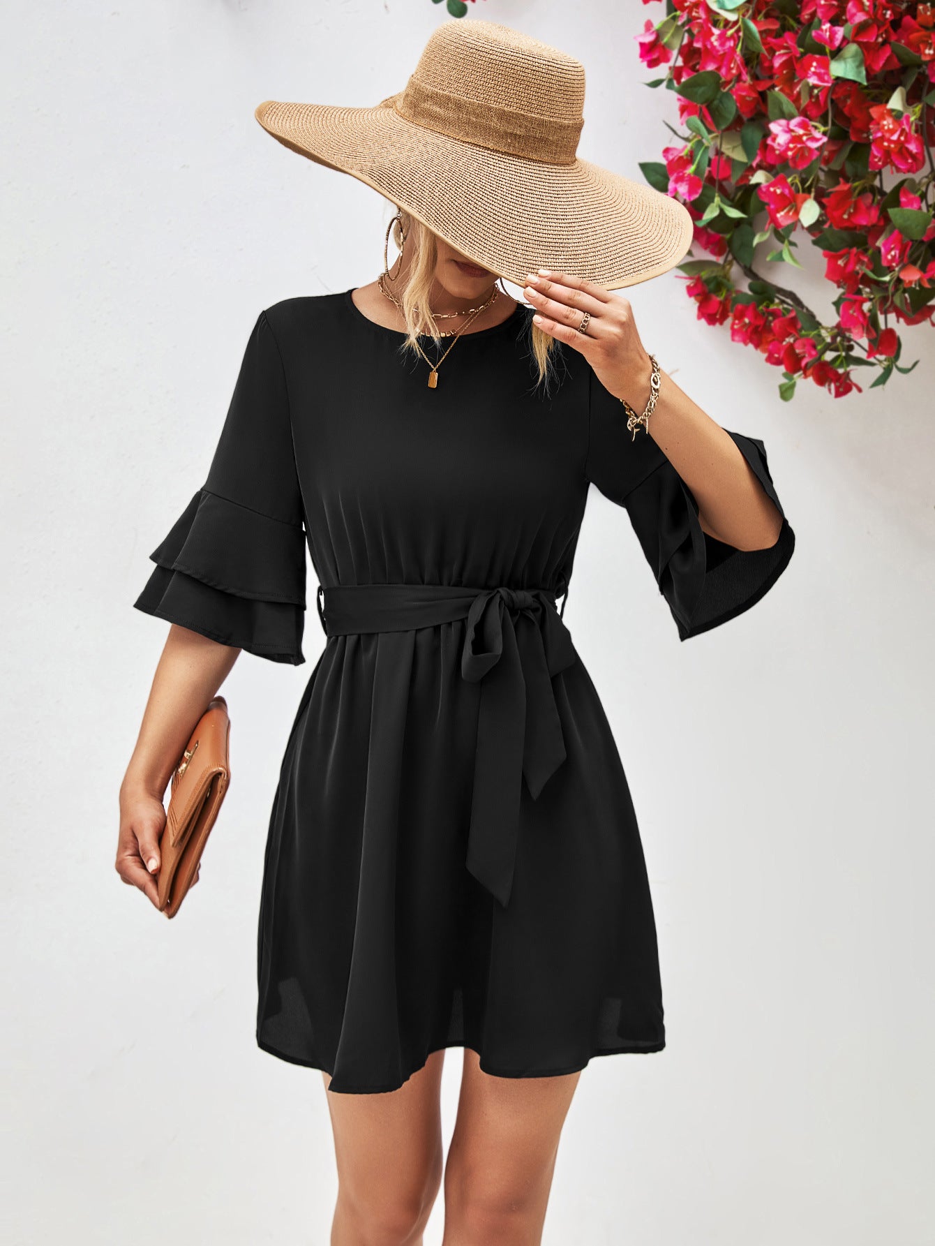 Charlie Round Neck Tie Belt Flounce Sleeve Dress