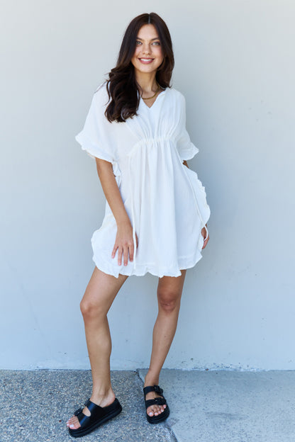 Out Of Time Boho Ruffle Hem Dress with Drawstring Waistband in White