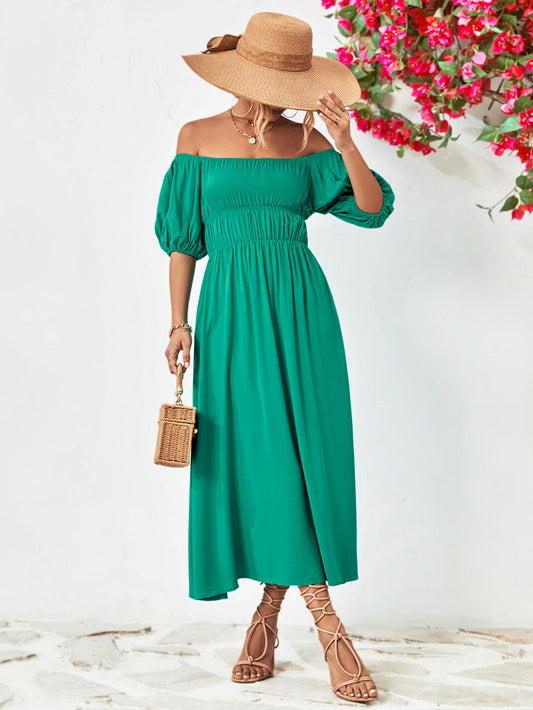 Hillary Boho Off the Shoulder Balloon Sleeve Midi Dress