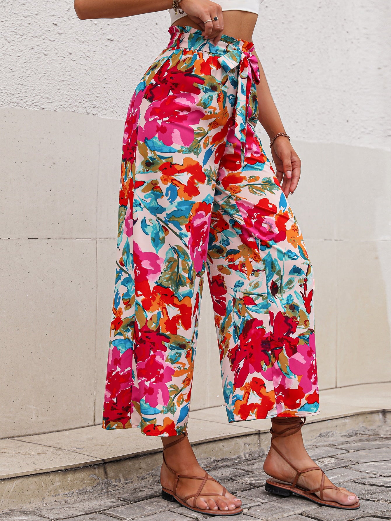 Bright Summer Floral Tie Belt Wide Leg Pants