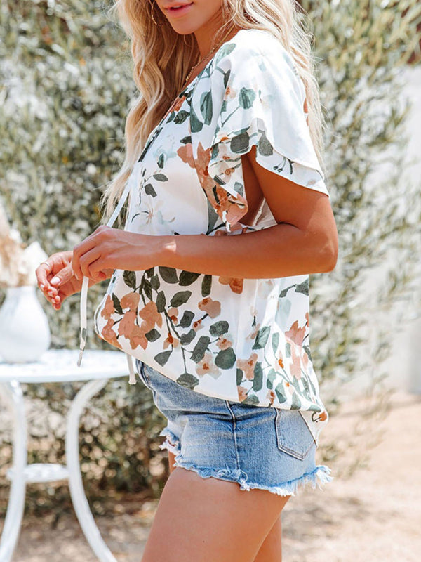 Boho Floral Printed V-Neck Flounce Sleeve Shirt