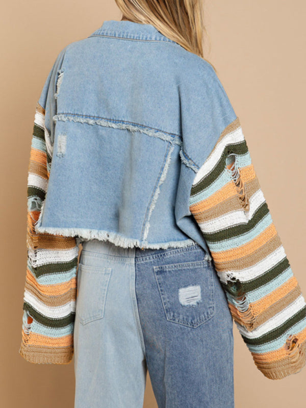 Boho Denim Rainbow Distressed Knit Sleeves Jacket