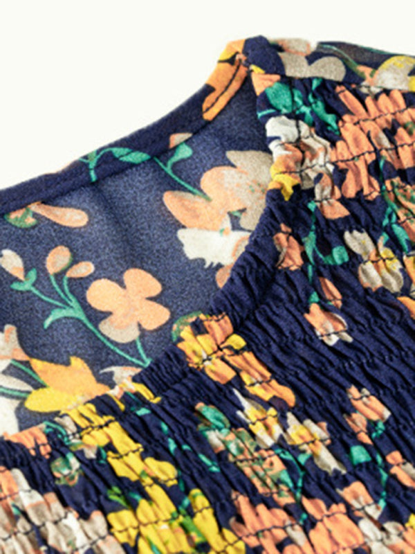 Boho Floral Print Round Neck Smocked Top Layered Dress – OliverandJade
