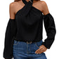 Boho Women's Black Cold Shoulder Twist Halter Long Sleeved Shirt