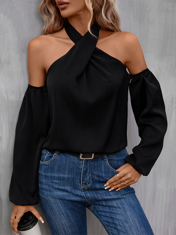 Boho Women's Black Cold Shoulder Twist Halter Long Sleeved Shirt