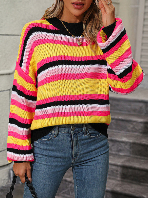 Boho Dropped Shoulder Crewneck Knit Striped Sweater – OliverandJade