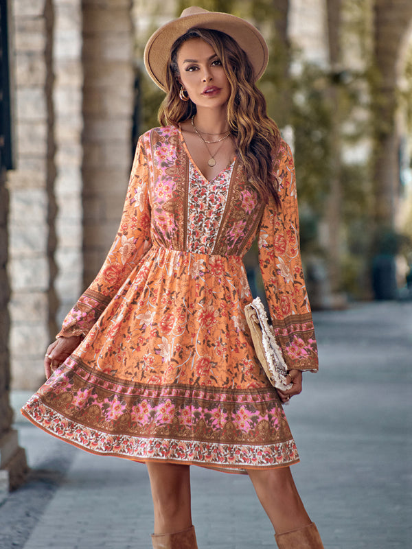 Bohemian Floral Paisley Women's Country V-Neck Long-Sleeve Mini Dress –  OliverandJade